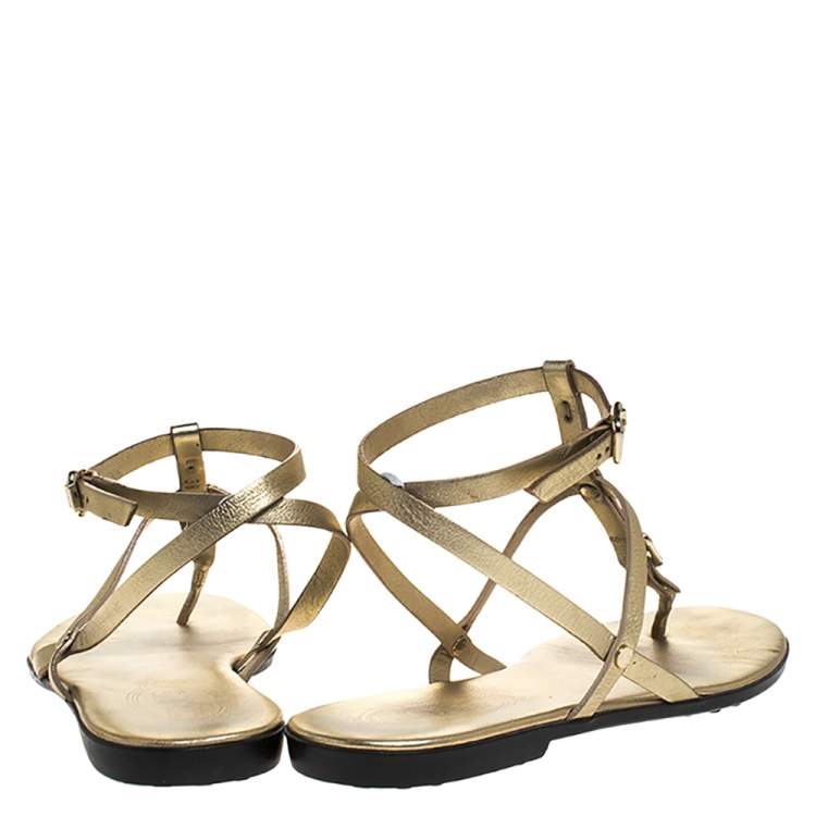 Pre Owned Tod's Gold Leather Studded Buckle Detail Ankle Wrap Flat Sandals Size 38