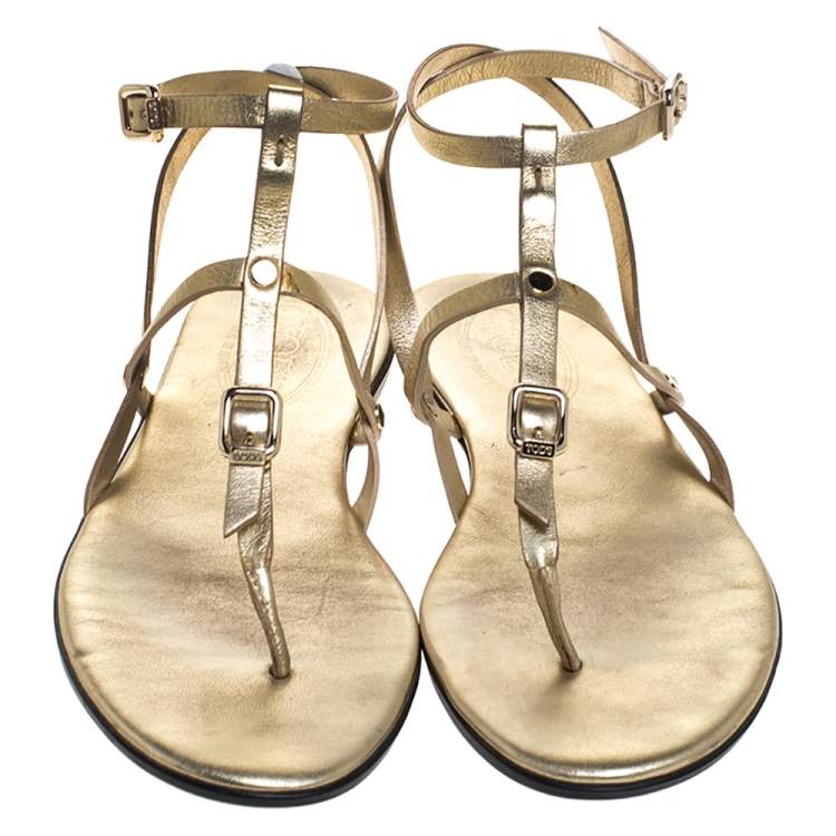 Pre Owned Tod's Gold Leather Studded Buckle Detail Ankle Wrap Flat Sandals Size 38