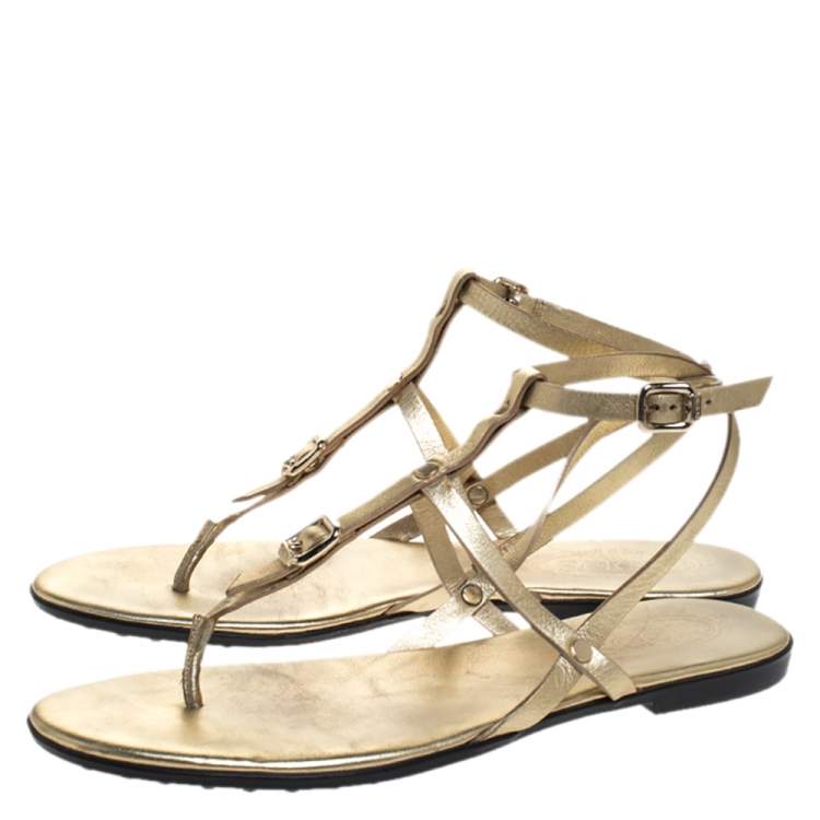 Pre Owned Tod's Gold Leather Studded Buckle Detail Ankle Wrap Flat Sandals Size 38
