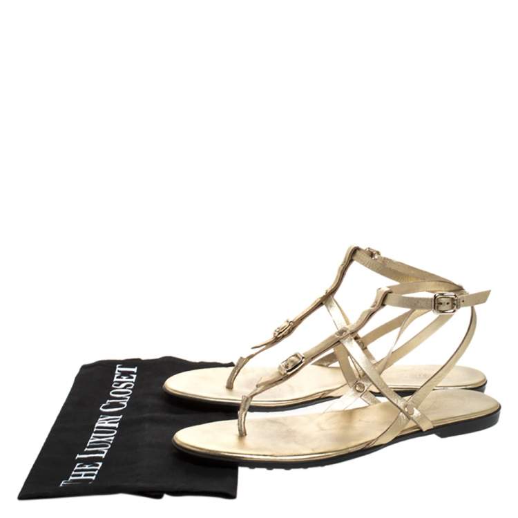 Pre Owned Tod's Gold Leather Studded Buckle Detail Ankle Wrap Flat Sandals Size 38