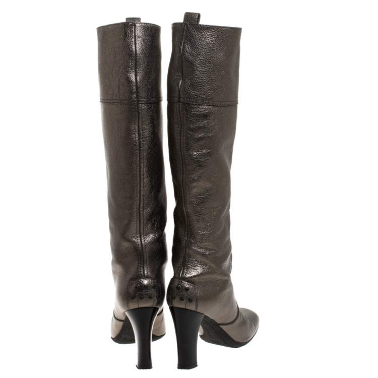 Pre Owned Tod's Metallic Grey Leather Knee Length Boots Size 39