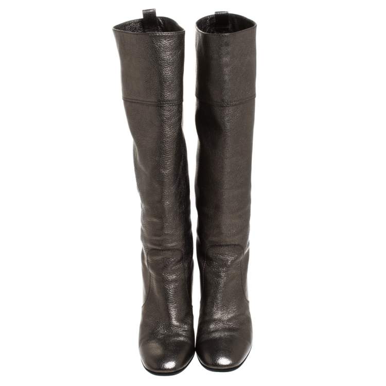 Pre Owned Tod's Metallic Grey Leather Knee Length Boots Size 39