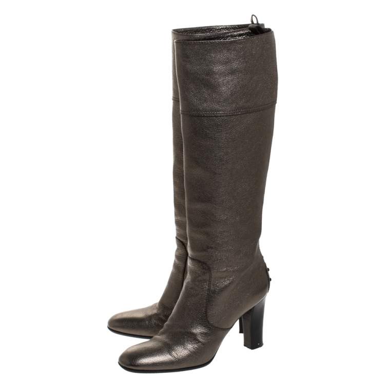 Pre Owned Tod's Metallic Grey Leather Knee Length Boots Size 39