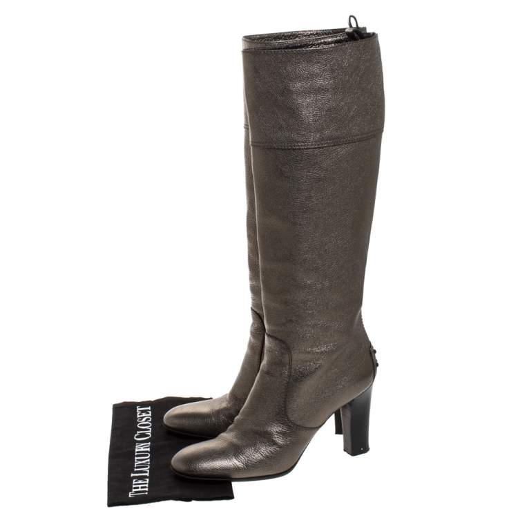 Pre Owned Tod's Metallic Grey Leather Knee Length Boots Size 39