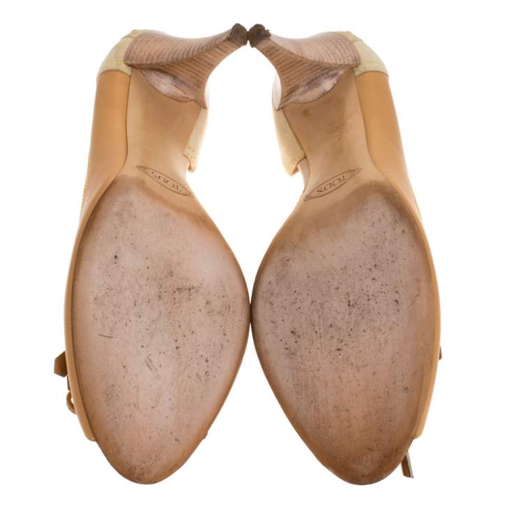 Pre Owned Tod's Beige Suede And Leather Bow Fringe Detail D Orsay Peep Toe Pumps Size 39.5