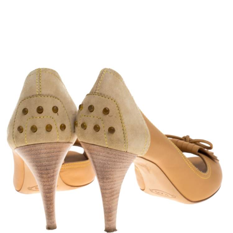 Pre Owned Tod's Beige Suede And Leather Bow Fringe Detail D Orsay Peep Toe Pumps Size 39.5