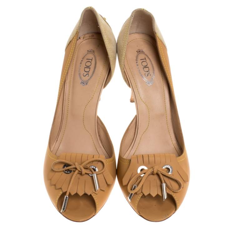 Pre Owned Tod's Beige Suede And Leather Bow Fringe Detail D Orsay Peep Toe Pumps Size 39.5