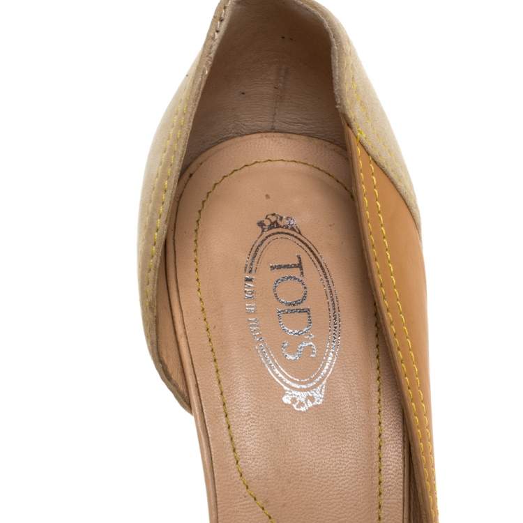 Pre Owned Tod's Beige Suede And Leather Bow Fringe Detail D Orsay Peep Toe Pumps Size 39.5