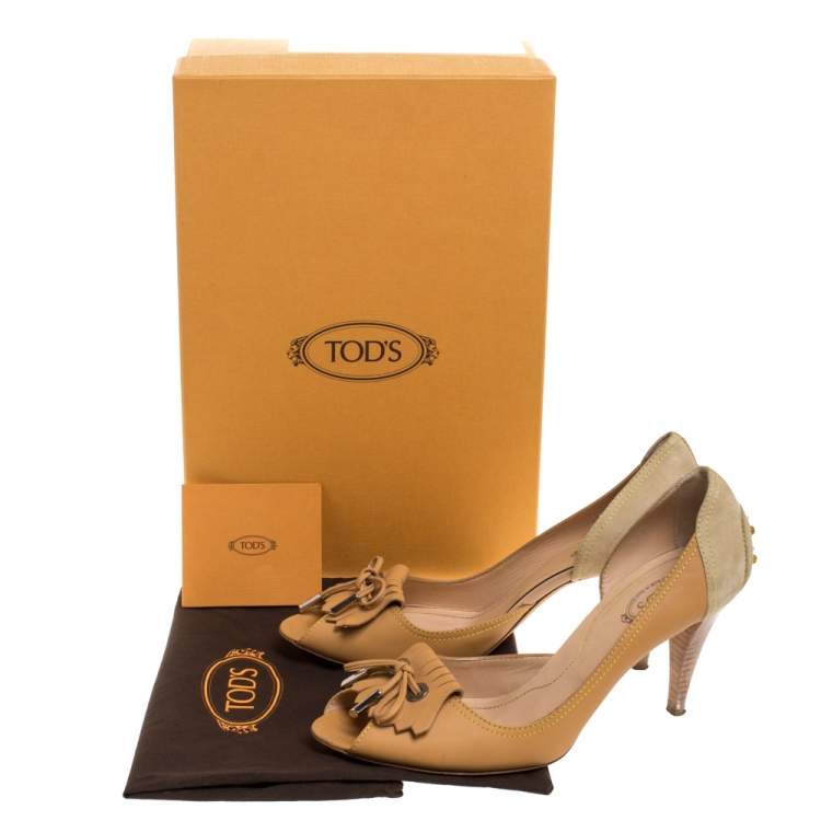 Pre Owned Tod's Beige Suede And Leather Bow Fringe Detail D Orsay Peep Toe Pumps Size 39.5