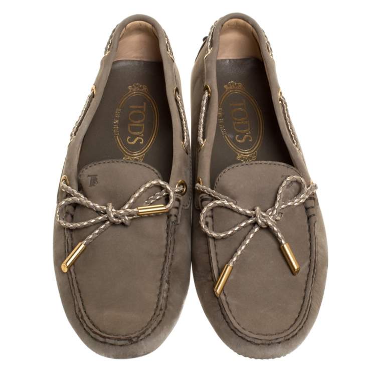 Pre Owned Tod's Green Nubuck Leather Bow Loafers Size 36.5