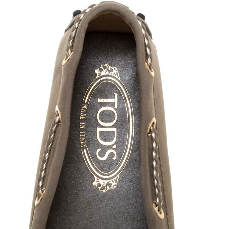 Pre Owned Tod's Green Nubuck Leather Bow Loafers Size 36.5