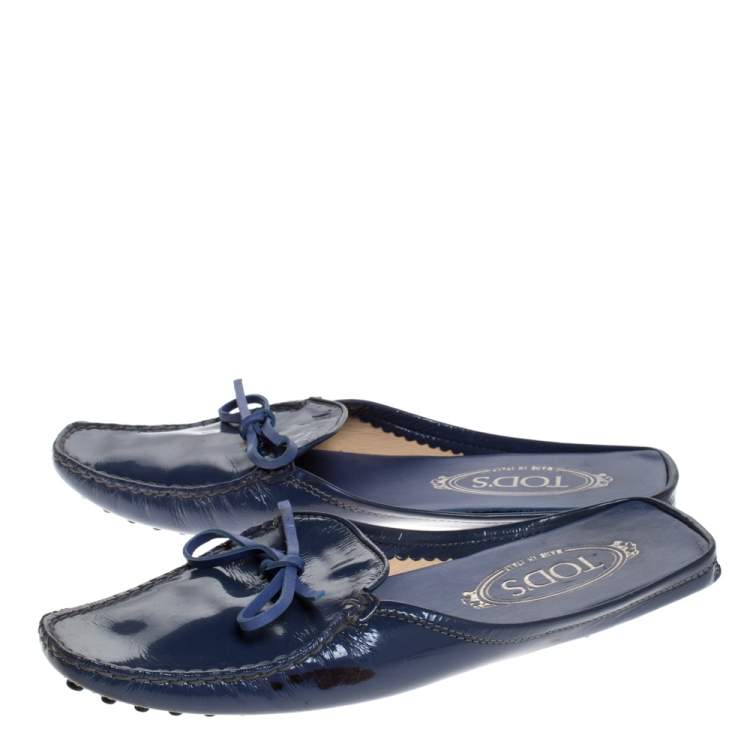 Pre Owned Tod's Blue Patent Leather Bow Flat Loafer Mules Size 37