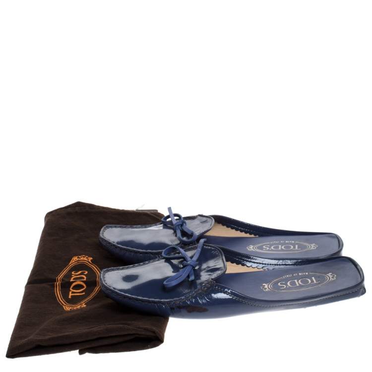 Pre Owned Tod's Blue Patent Leather Bow Flat Loafer Mules Size 37