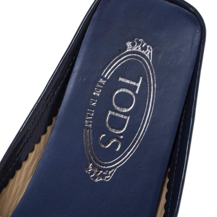Pre Owned Tod's Blue Patent Leather Bow Flat Loafer Mules Size 37