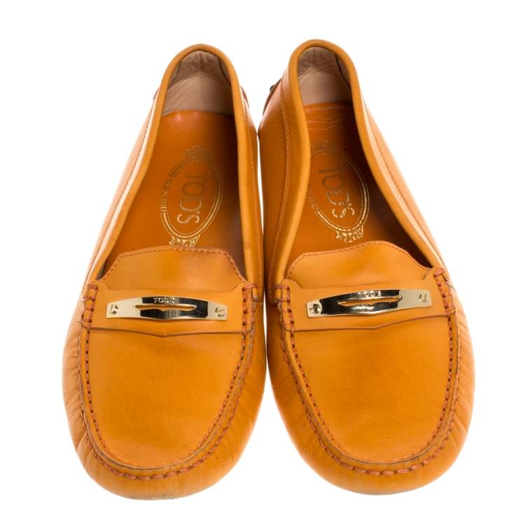 Pre Owned Tod's Orange Leather Penny Loafers Size 38.5