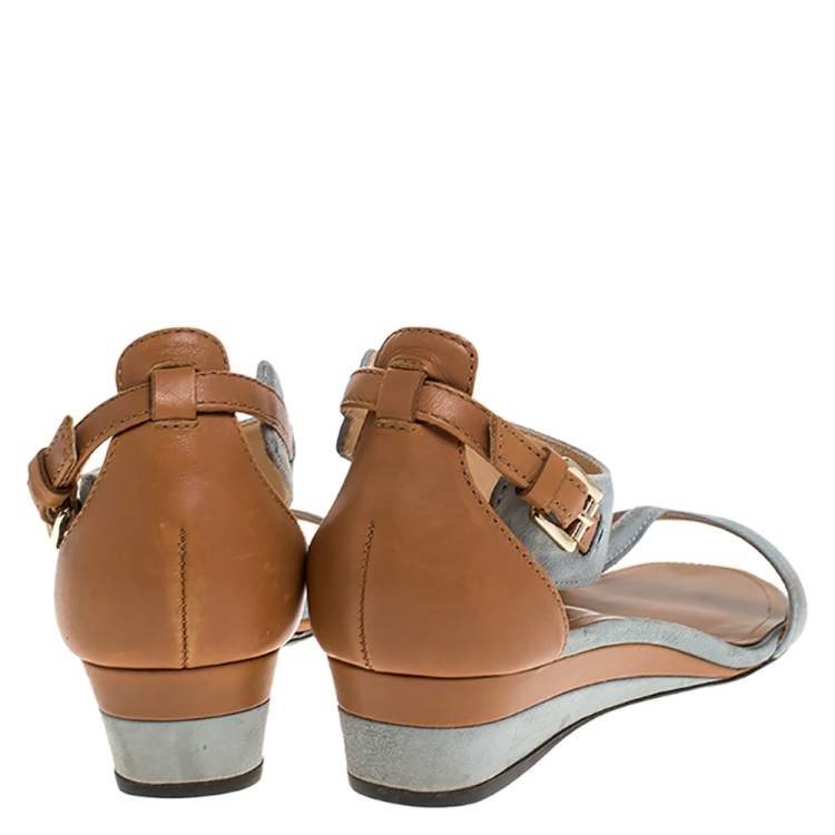 Pre Owned Tod's Blue/Brown Suede And Leather T-Bar Wedge Ankle Strap Sandals Size 36
