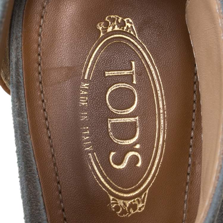Pre Owned Tod's Blue/Brown Suede And Leather T-Bar Wedge Ankle Strap Sandals Size 36