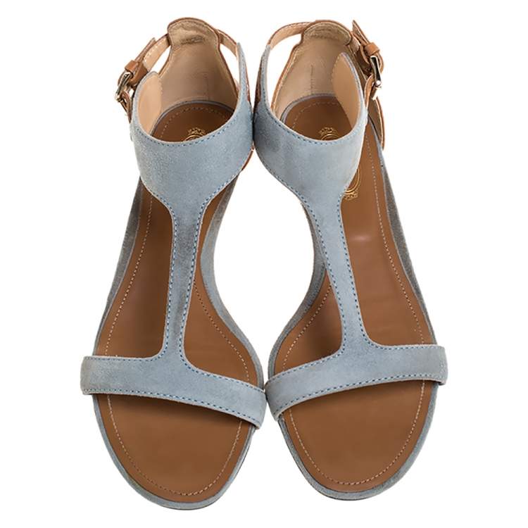 Pre Owned Tod's Blue/Brown Suede And Leather T-Bar Wedge Ankle Strap Sandals Size 36