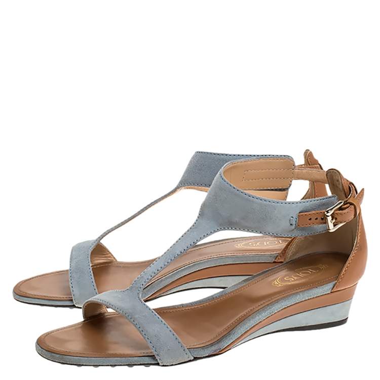 Pre Owned Tod's Blue/Brown Suede And Leather T-Bar Wedge Ankle Strap Sandals Size 36