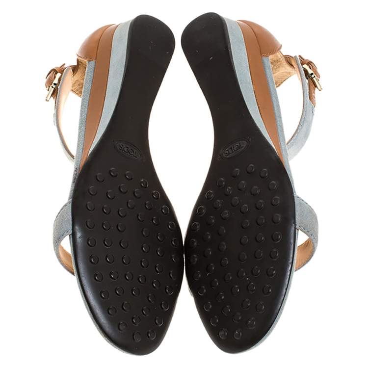 Pre Owned Tod's Blue/Brown Suede And Leather T-Bar Wedge Ankle Strap Sandals Size 36