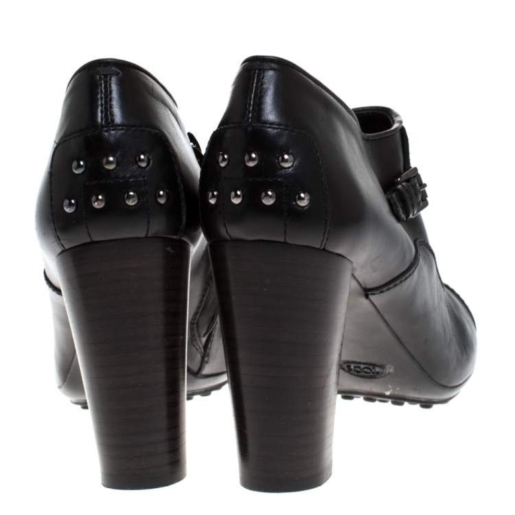 Pre Owned Tod's Black Leather Cap Toe Block Heel Booties Size 38