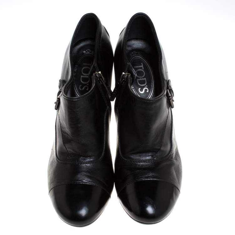 Pre Owned Tod's Black Leather Cap Toe Block Heel Booties Size 38