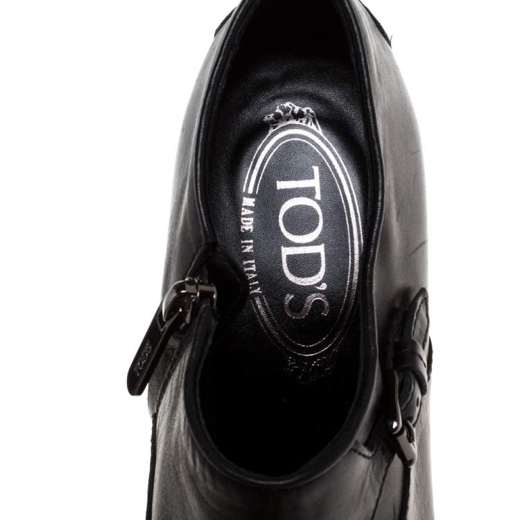 Pre Owned Tod's Black Leather Cap Toe Block Heel Booties Size 38