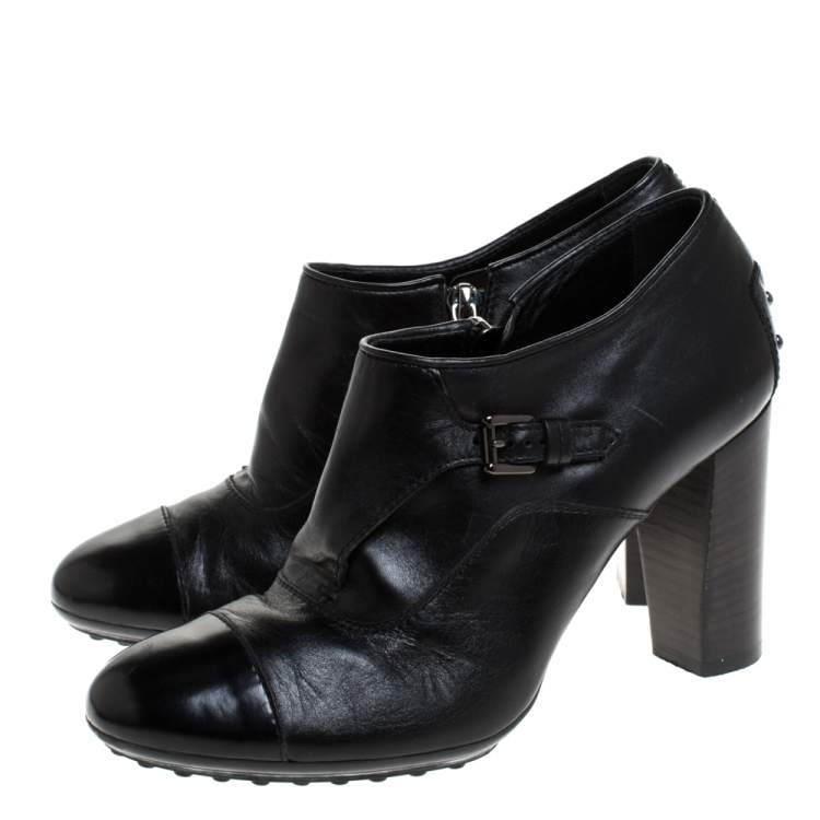 Pre Owned Tod's Black Leather Cap Toe Block Heel Booties Size 38