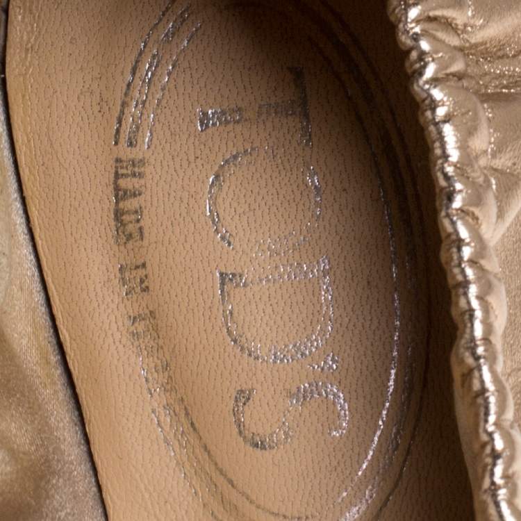 Pre Owned Tod's Metallic Gold Foil Leather Buckle Detail Loafer Scrunch Ballet Flats Size 39.5