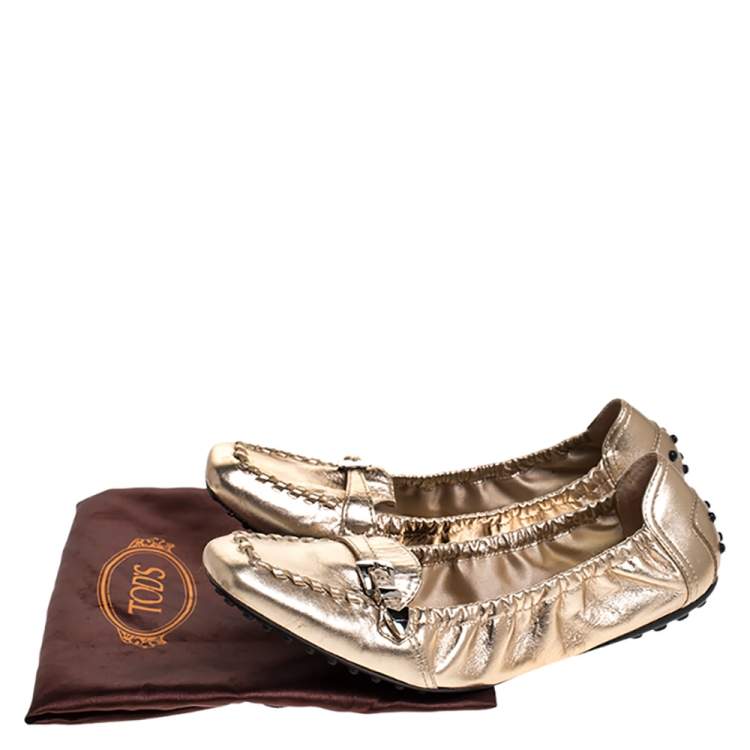Pre Owned Tod's Metallic Gold Foil Leather Buckle Detail Loafer Scrunch Ballet Flats Size 39.5