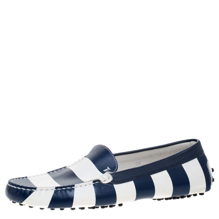 Pre Owned Tod's Blue/White Striped Leather Slip On Loafers Size 39