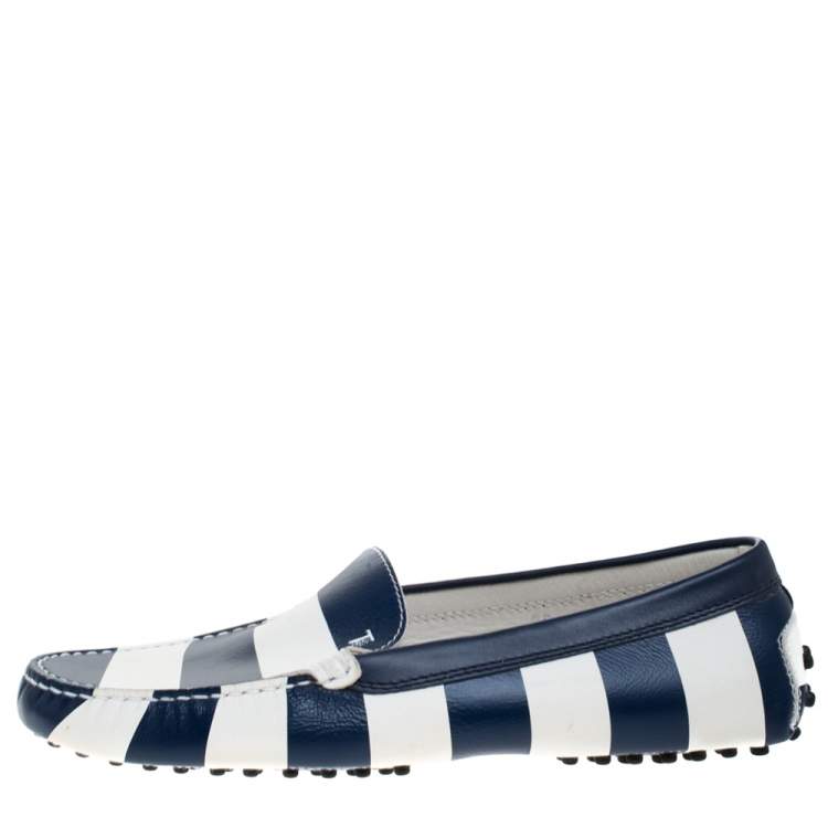 Pre Owned Tod's Blue/White Striped Leather Slip On Loafers Size 39