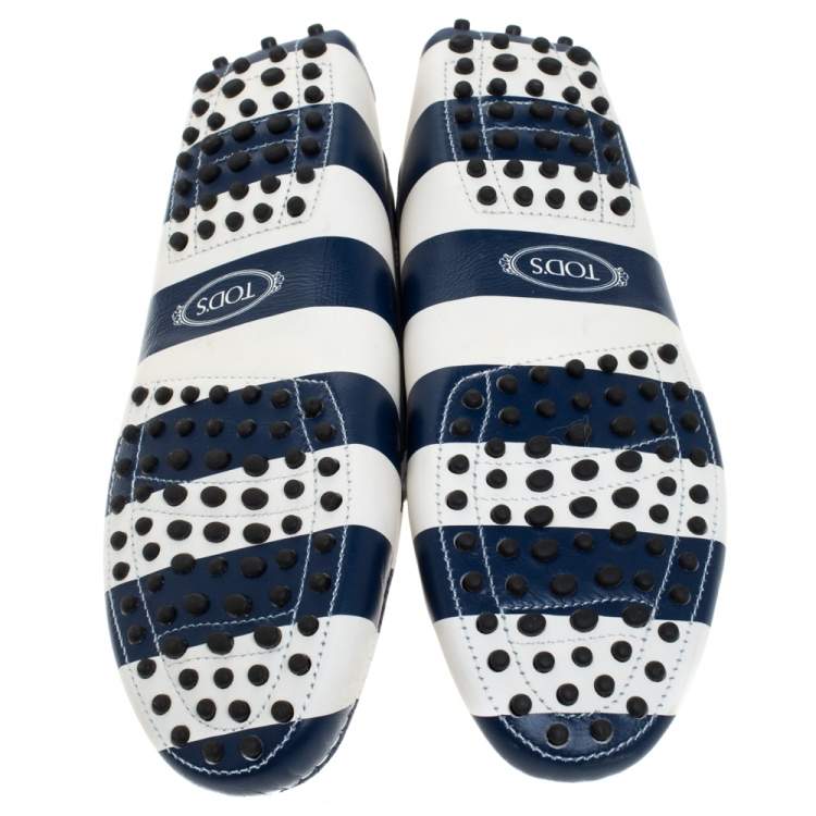 Pre Owned Tod's Blue/White Striped Leather Slip On Loafers Size 39