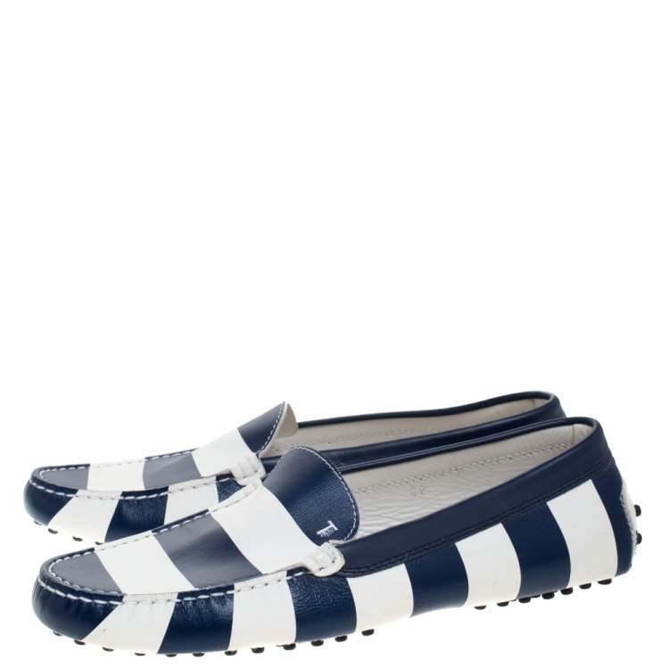 Pre Owned Tod's Blue/White Striped Leather Slip On Loafers Size 39