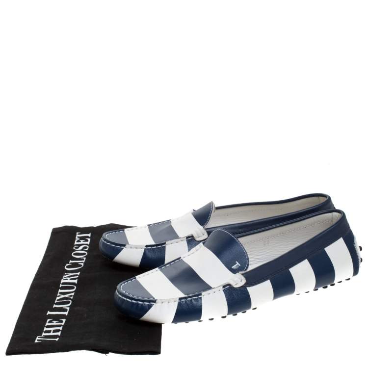 Pre Owned Tod's Blue/White Striped Leather Slip On Loafers Size 39