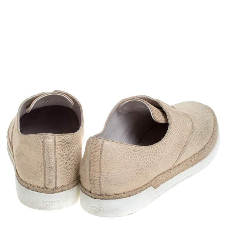 Pre Owned Tod's Cream Textured Leather Francesina Espadrille Slip On Sneakers Size 39