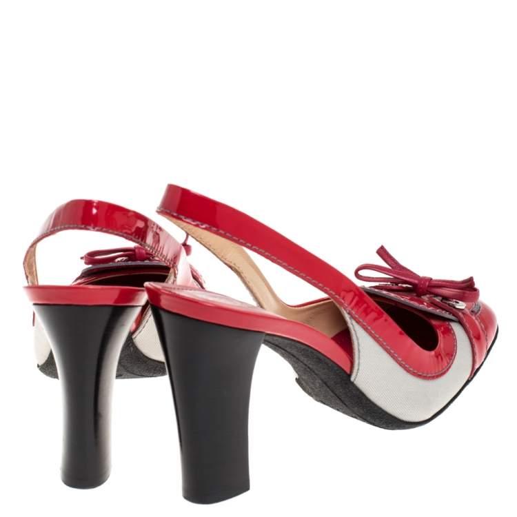 Pre Owned Tod's Red Patent Leather and Fabric Bow Slingback Sandals Size 37.5