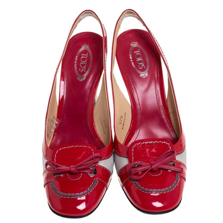 Pre Owned Tod's Red Patent Leather and Fabric Bow Slingback Sandals Size 37.5