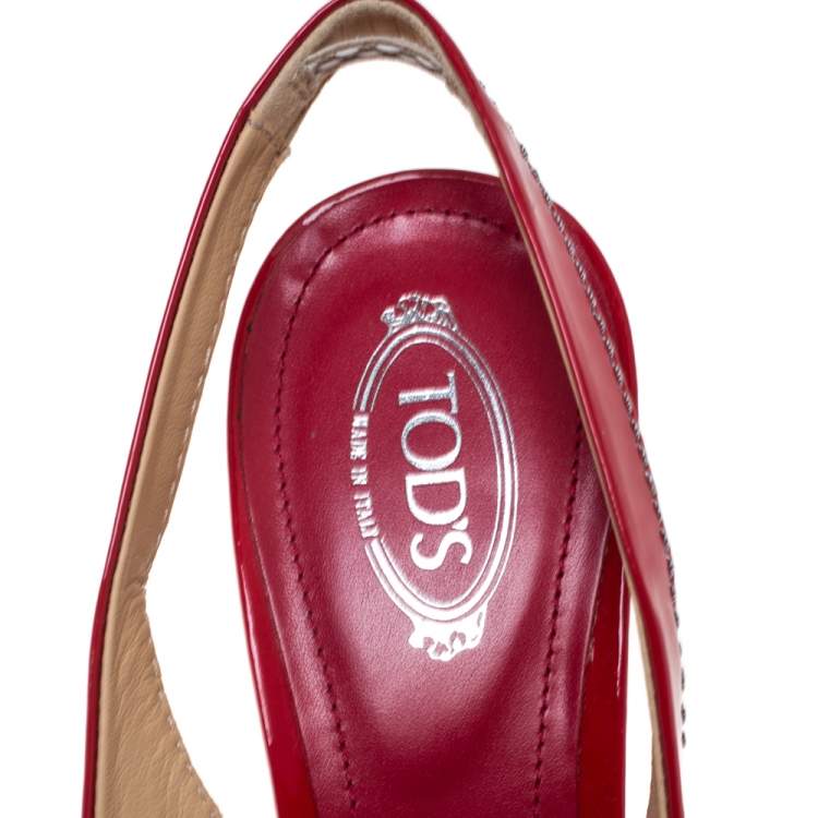 Pre Owned Tod's Red Patent Leather and Fabric Bow Slingback Sandals Size 37.5