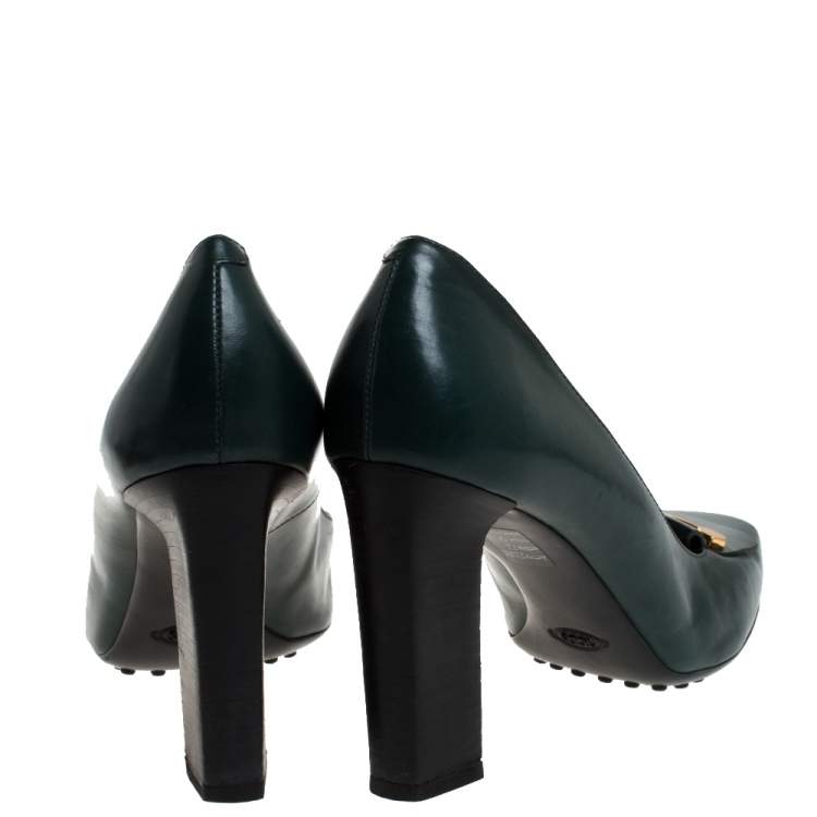 Pre Owned Tod's Green Leather Block Heel Square Toe Pumps Size 40