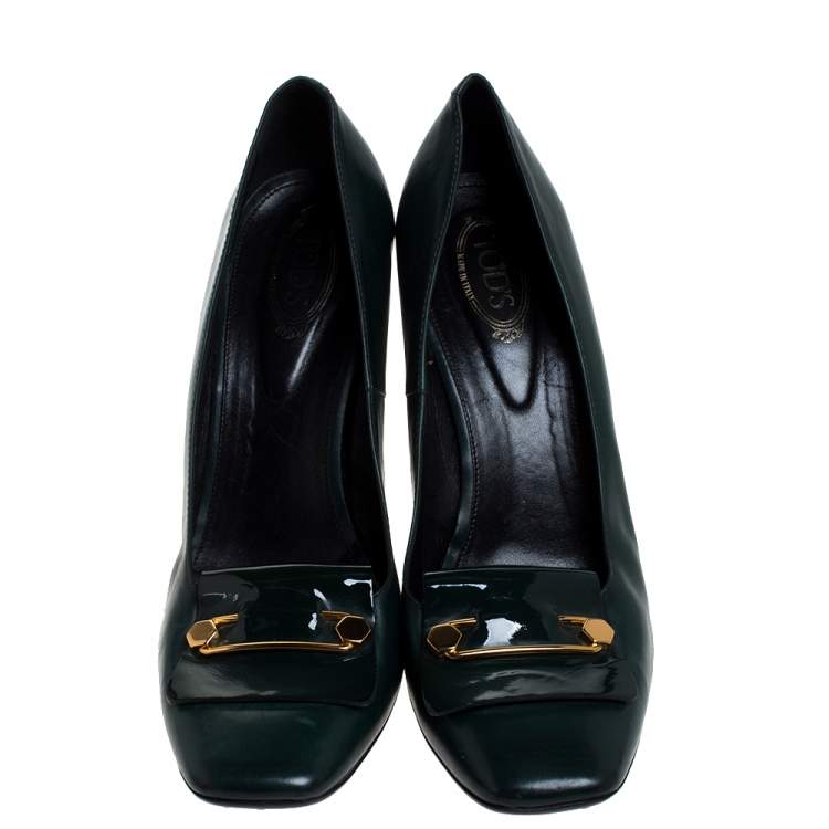 Pre Owned Tod's Green Leather Block Heel Square Toe Pumps Size 40
