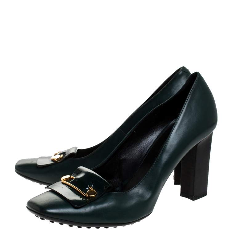 Pre Owned Tod's Green Leather Block Heel Square Toe Pumps Size 40