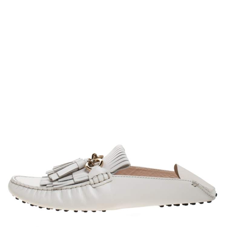 Gommino of Tod's - White leather mules with metal links and stitched upper  for women