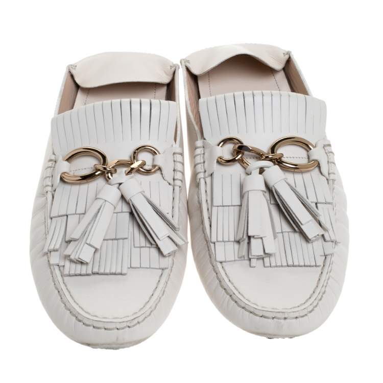 Pre Owned Tod's Off Whte Leather Gommini Mule Loafers Size 40.5