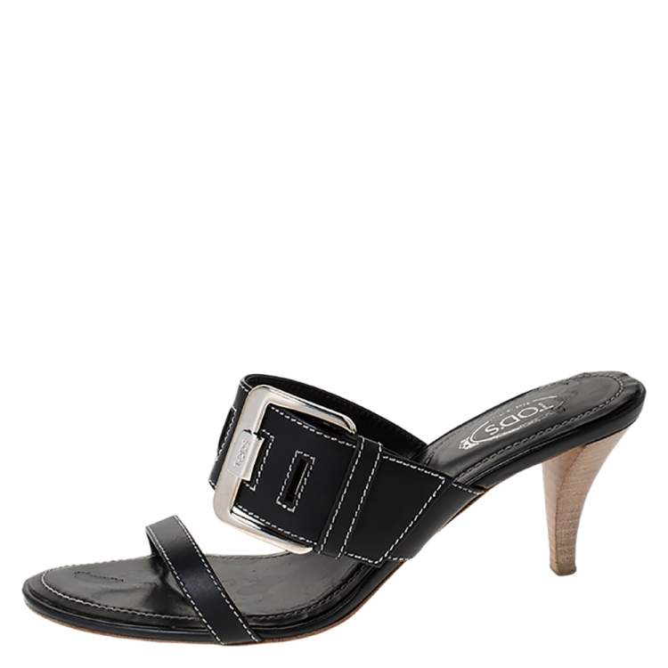 Pre Owned Tod's Black Leather Buckle Detail Slide Sandals Size 38