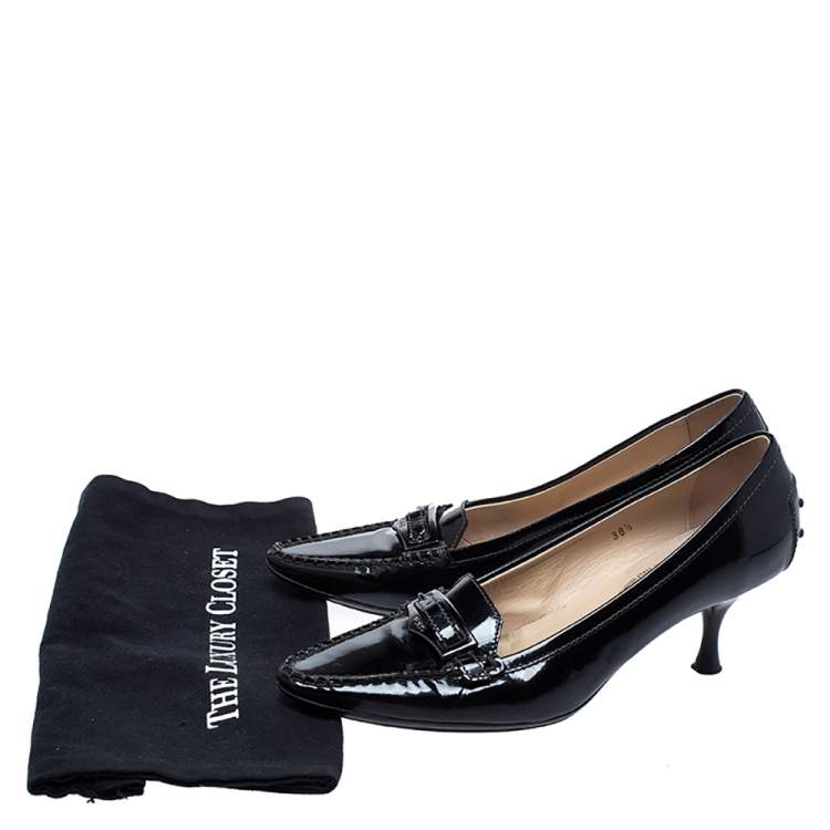 Pre Owned Tod's Black Patent Leather Kitten Heel Loafer Pumps Size 38.5