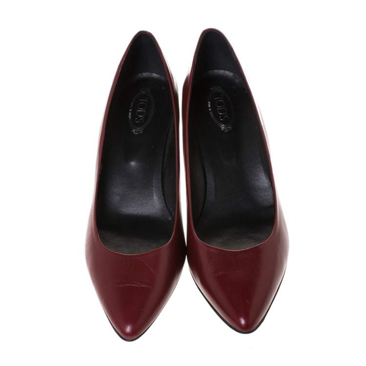 Pre Owned Tod's Burgundy Leather Pointed Toe Pumps Size 37.5