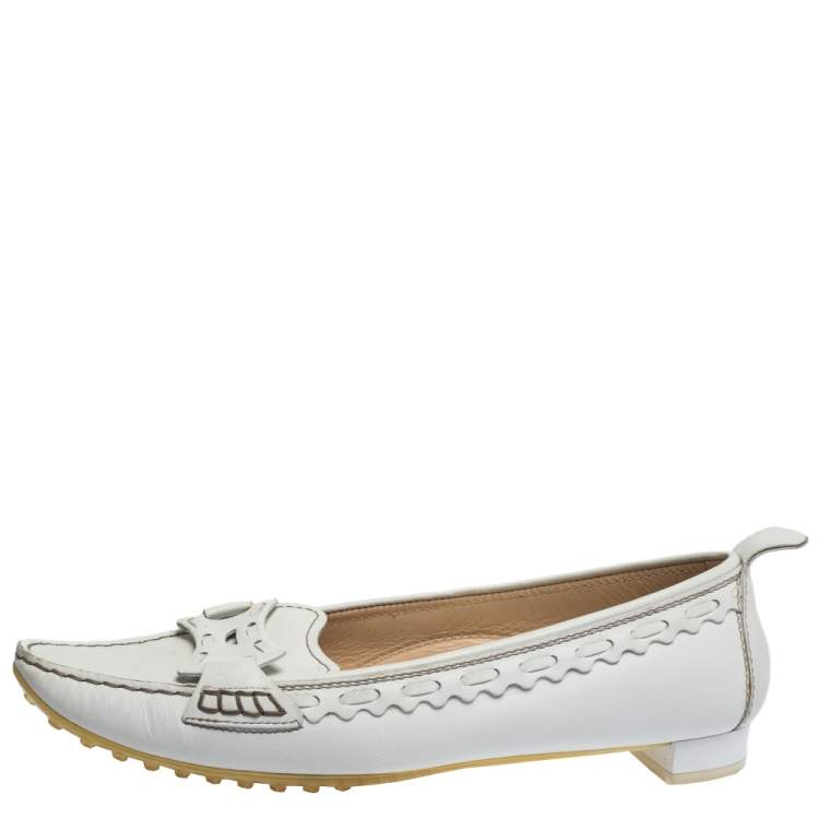 Pre Owned Tod's White Leather Pointed Toe Slip On Loafers Size 39