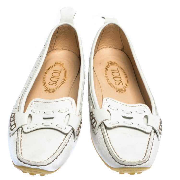 Pre Owned Tod's White Leather Pointed Toe Slip On Loafers Size 39