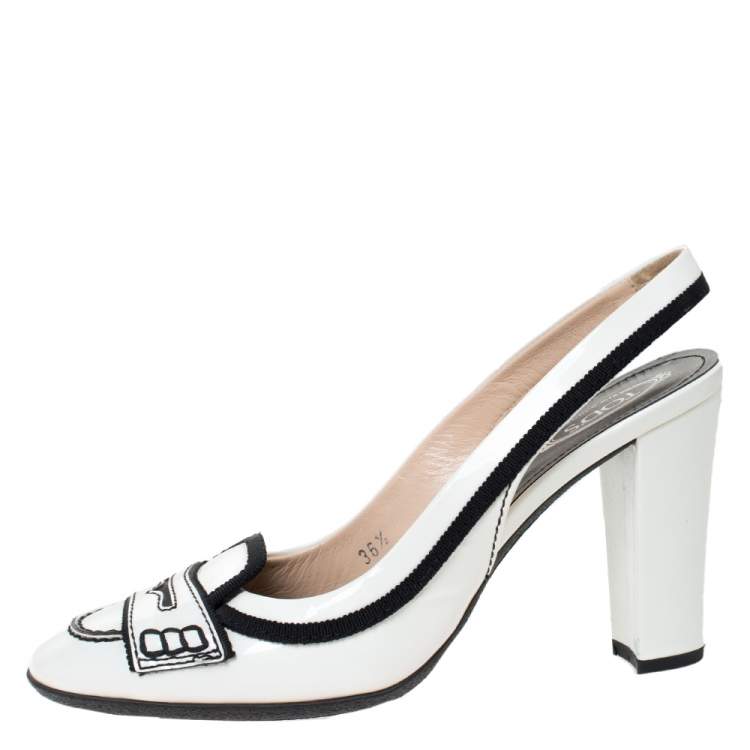 Pre Owned Tod's White/Black Patent Leather And Fabric Trim Penny Loafer Slingback Sandals Size 36.5